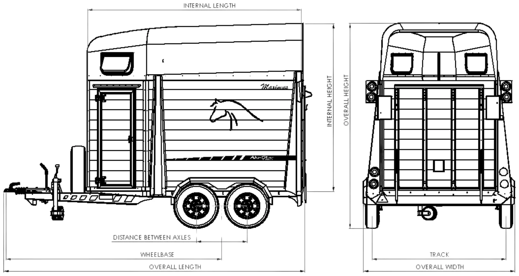 Technical drawing of the Maximus 2 Berth Horsebox, side and rear views
