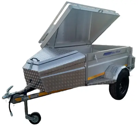 Tracker aluminium trailer with lid open, on a white background